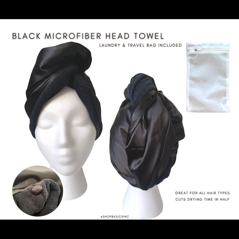 BLACK Satin Microfiber Hair Drying Towel - Laundry & Travel Bag Included